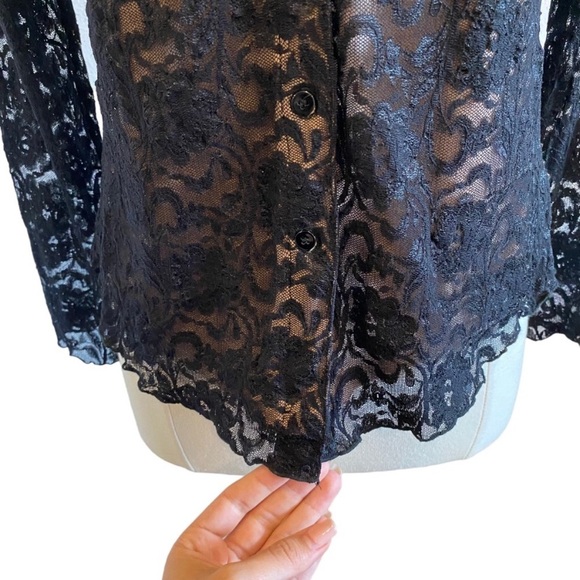 Mesh Lace Long Sleeve Button Down Blouse - Picture 7 of 11